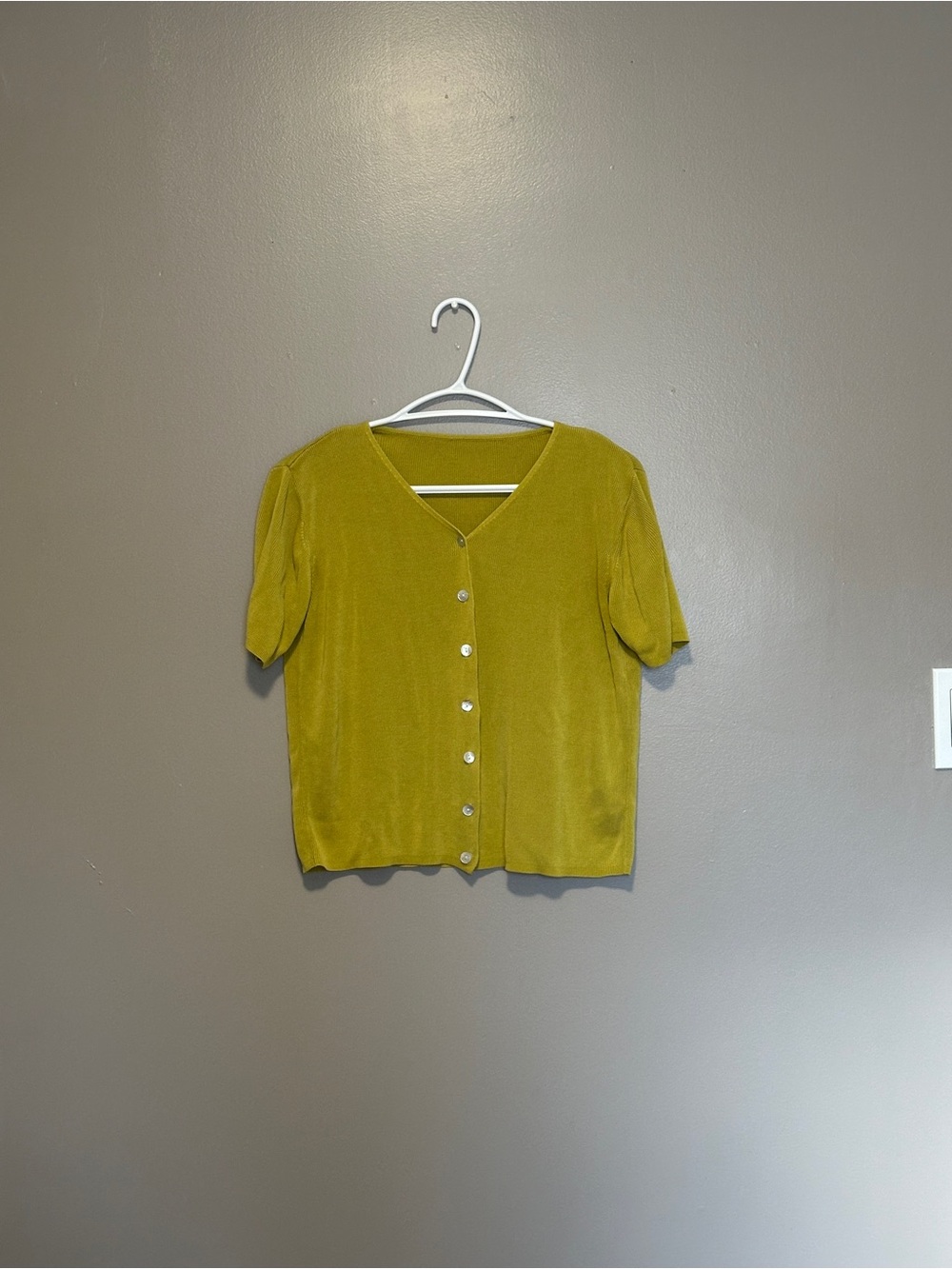 Women's V-Neck Short Sleeve Button Front Top - Olive Green